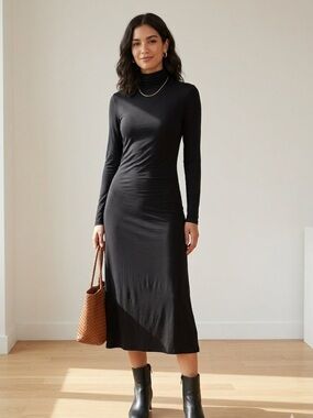 COS Sz S Black Minimalist Lyocell Long Sleeves Midi Dress